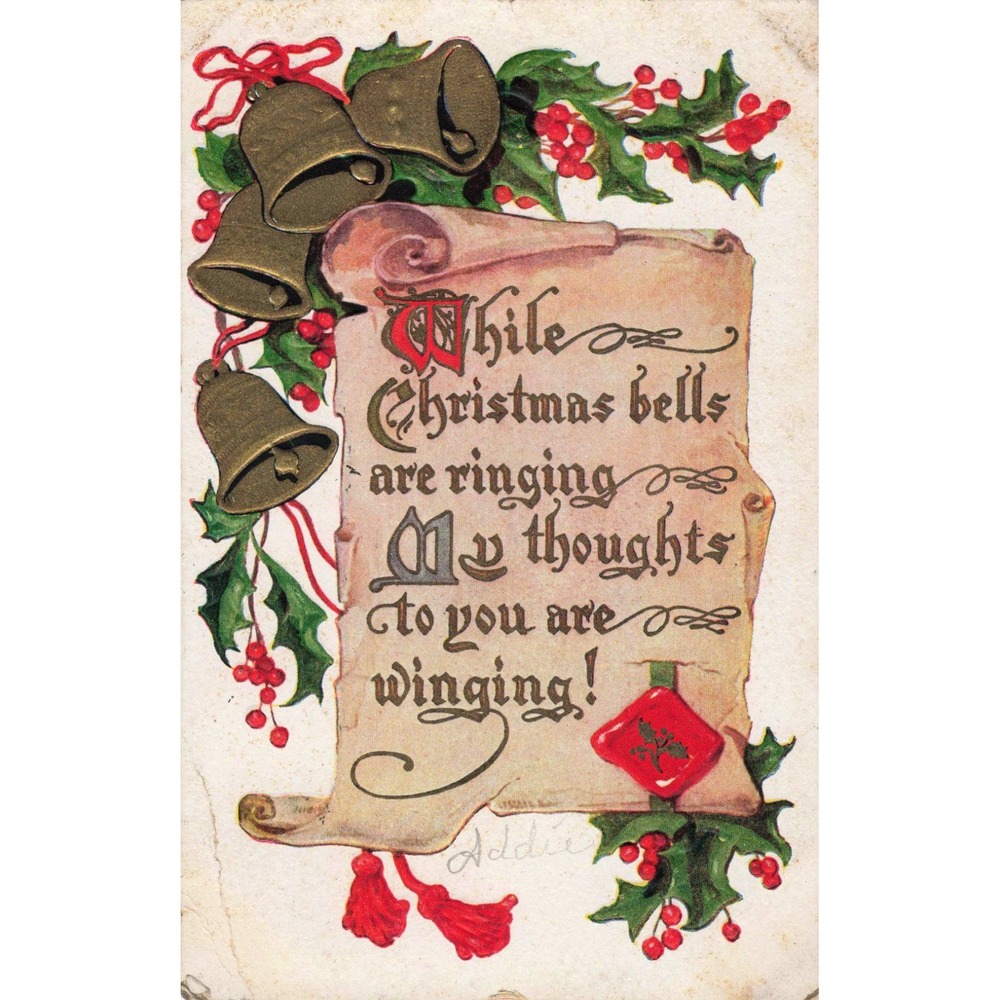 Vintage 1911 Embossed Christmas Postcard Bells Holly Scranton PA Postmark VG - Picture 1 of 2